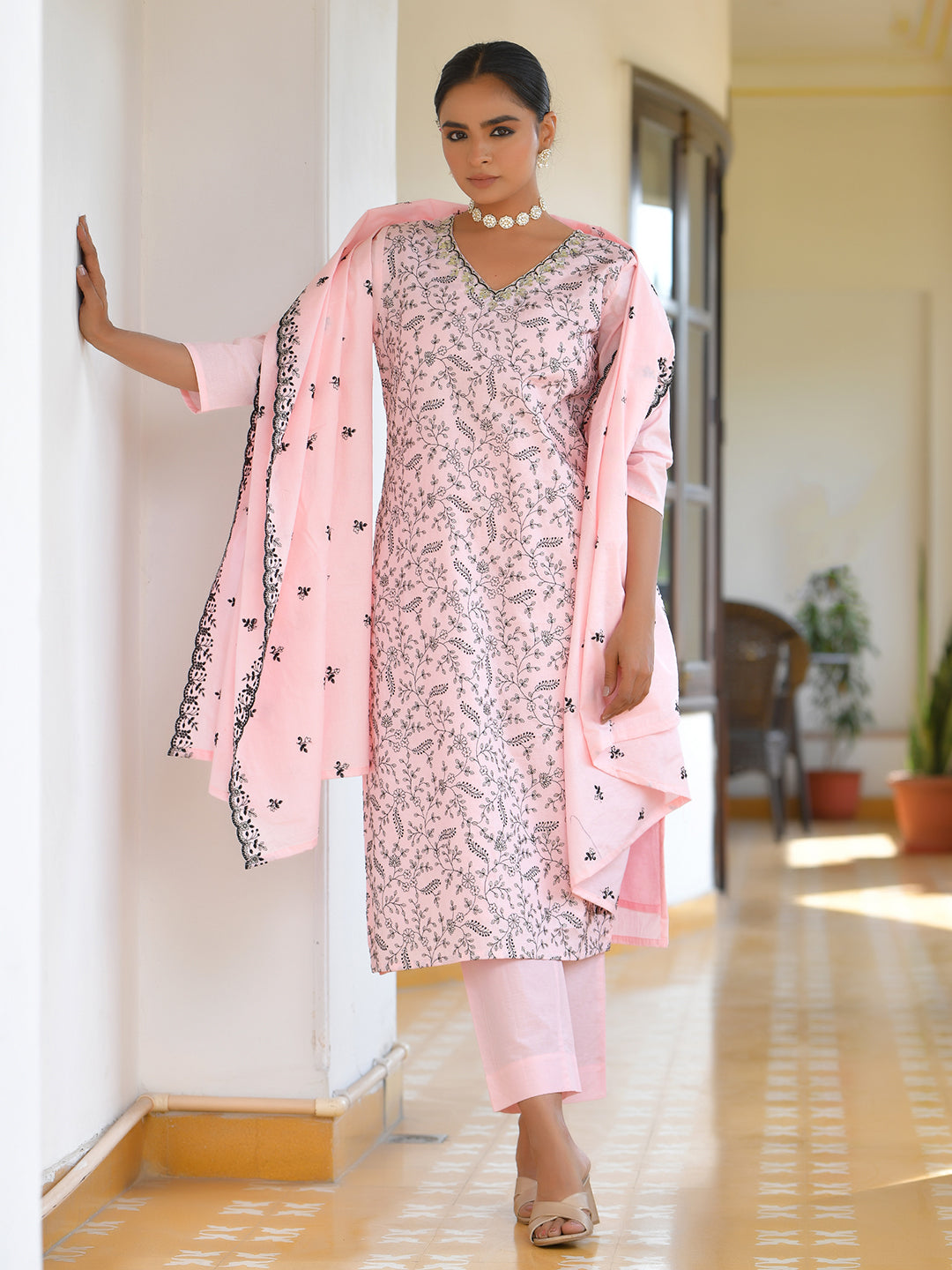 Vaasva Women's Cotton Solid Candy Embroidered Suit Set | Swadesiicart