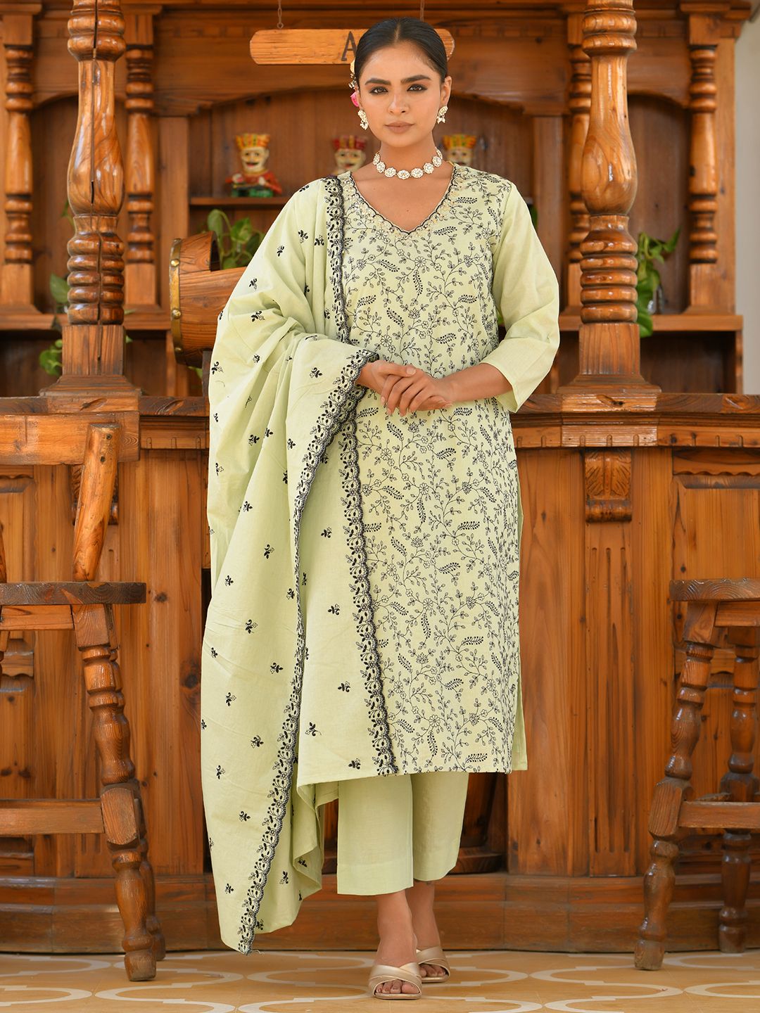 Vaasva Women's Cotton Solid Pista Embroidered Suit Set | Swadesiicart