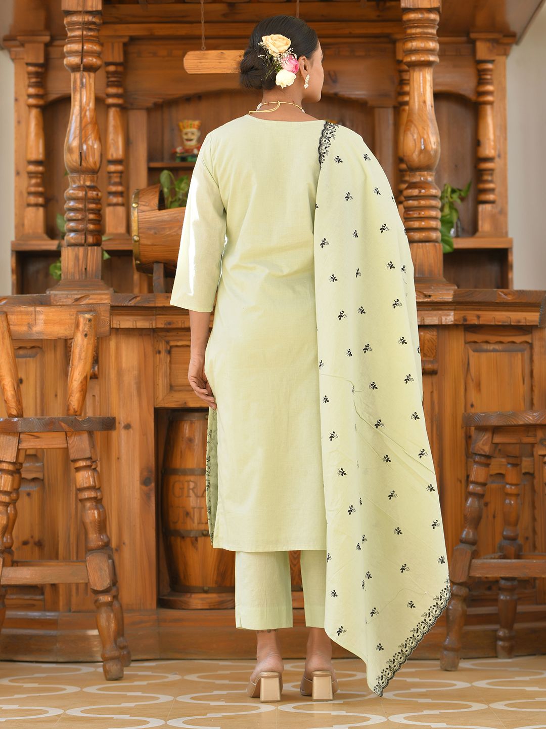Vaasva Women's Cotton Solid Pista Embroidered Suit Set | Swadesiicart