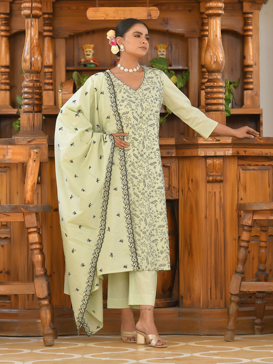 Vaasva Women's Cotton Solid Pista Embroidered Suit Set | Swadesiicart