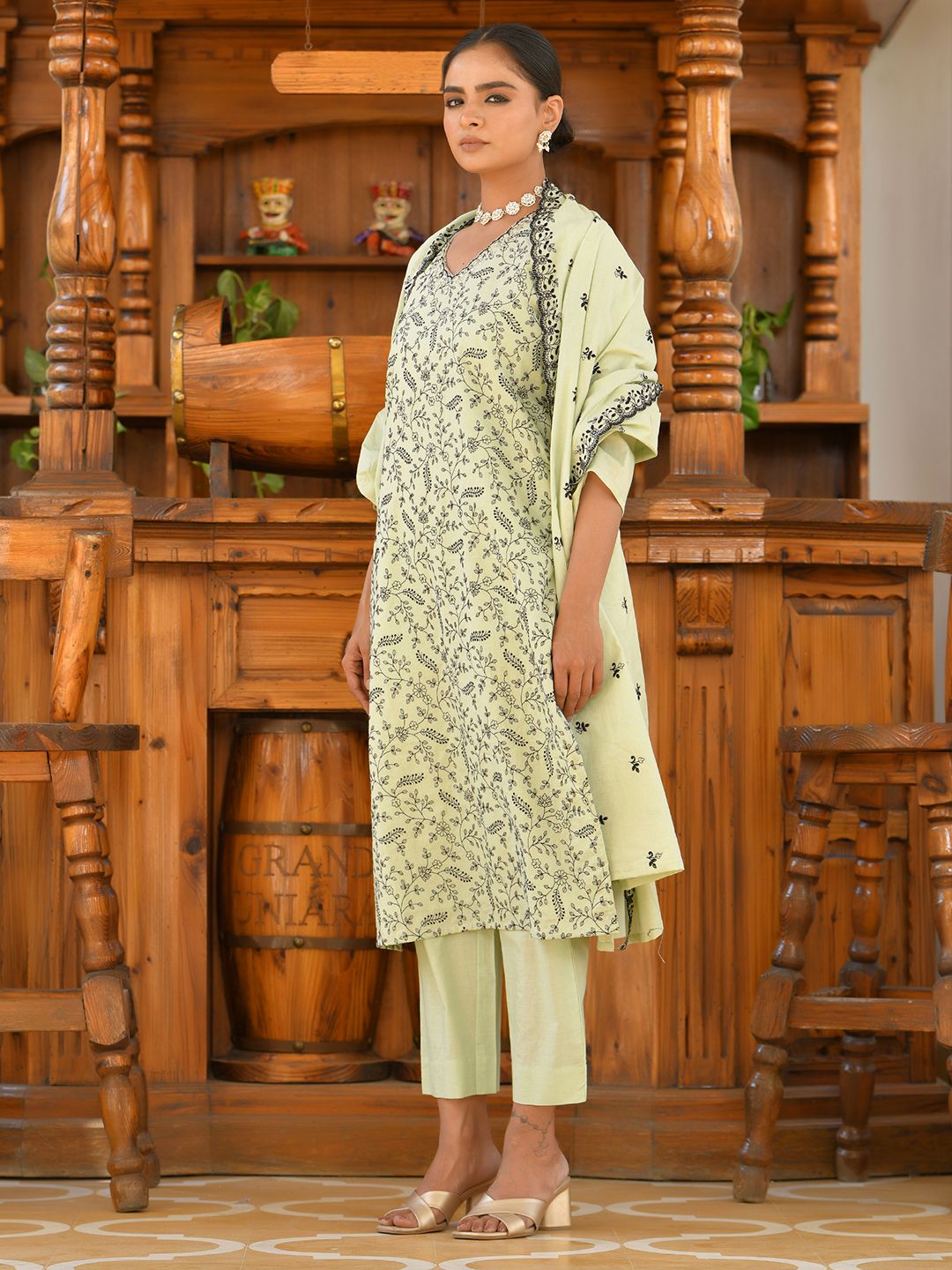Vaasva Women's Cotton Solid Pista Embroidered Suit Set | Swadesiicart