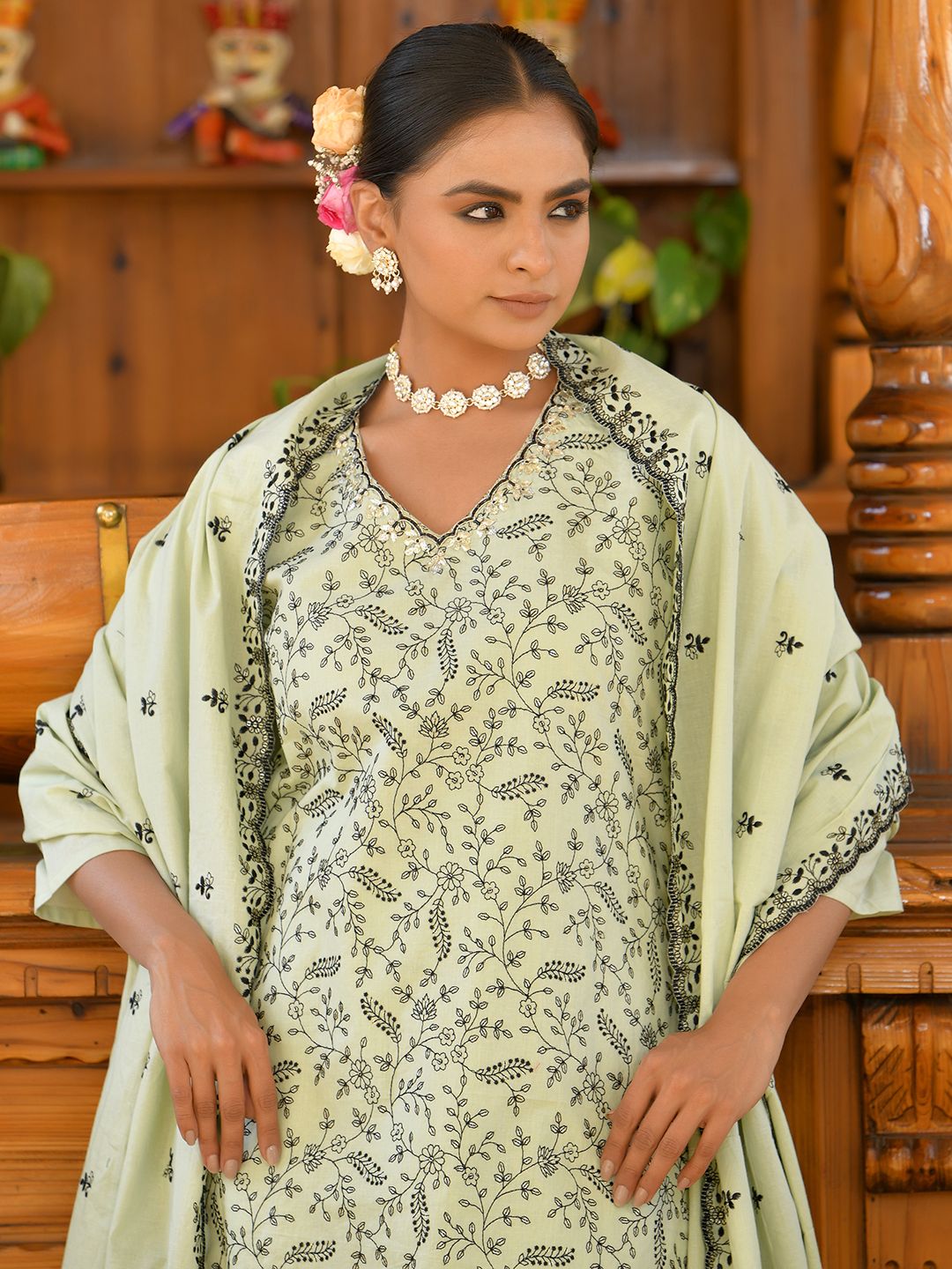Vaasva Women's Cotton Solid Pista Embroidered Suit Set | Swadesiicart