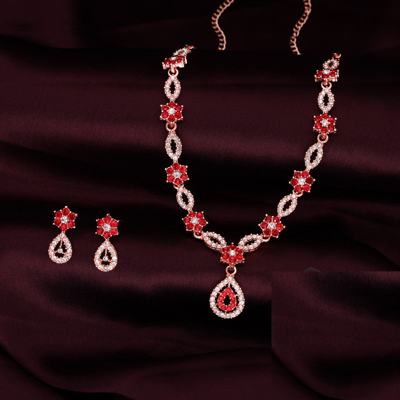 Tehzeeb Creations Elegant Red Polished American Diamond (Ad) Studded Necklace And Earring Set For Women - Swadesiicart