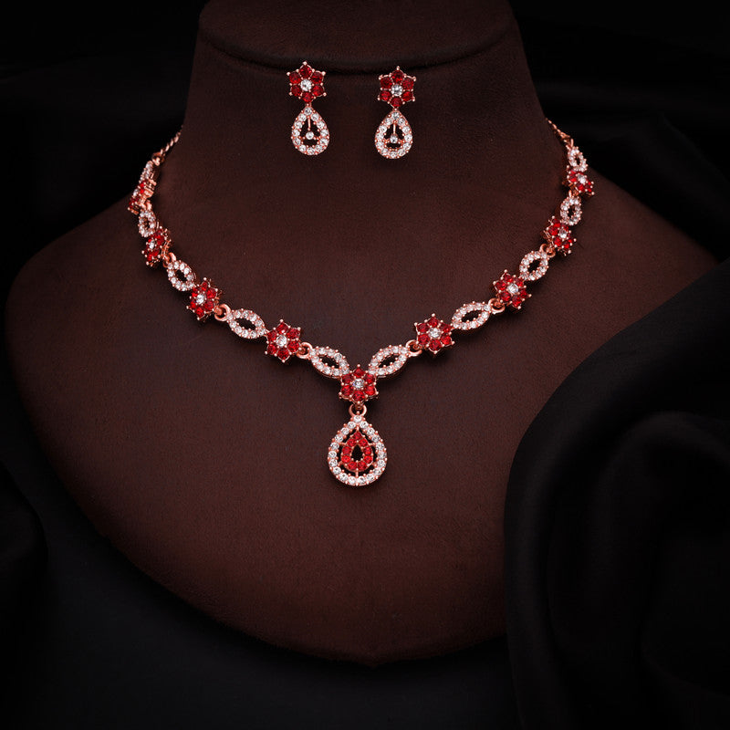 Tehzeeb Creations Elegant Red Polished American Diamond (Ad) Studded Necklace And Earring Set For Women - Swadesiicart