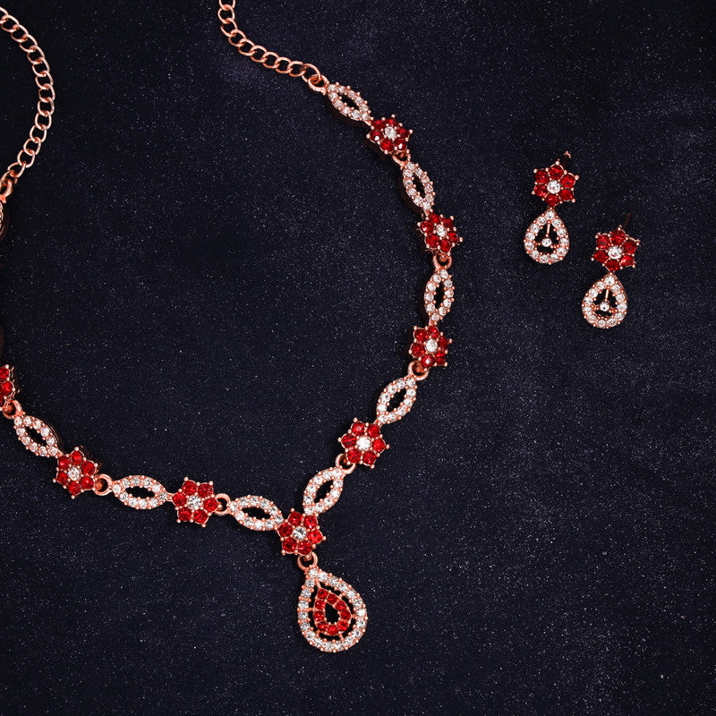 Tehzeeb Creations Elegant Red Polished American Diamond (Ad) Studded Necklace And Earring Set For Women - Swadesiicart