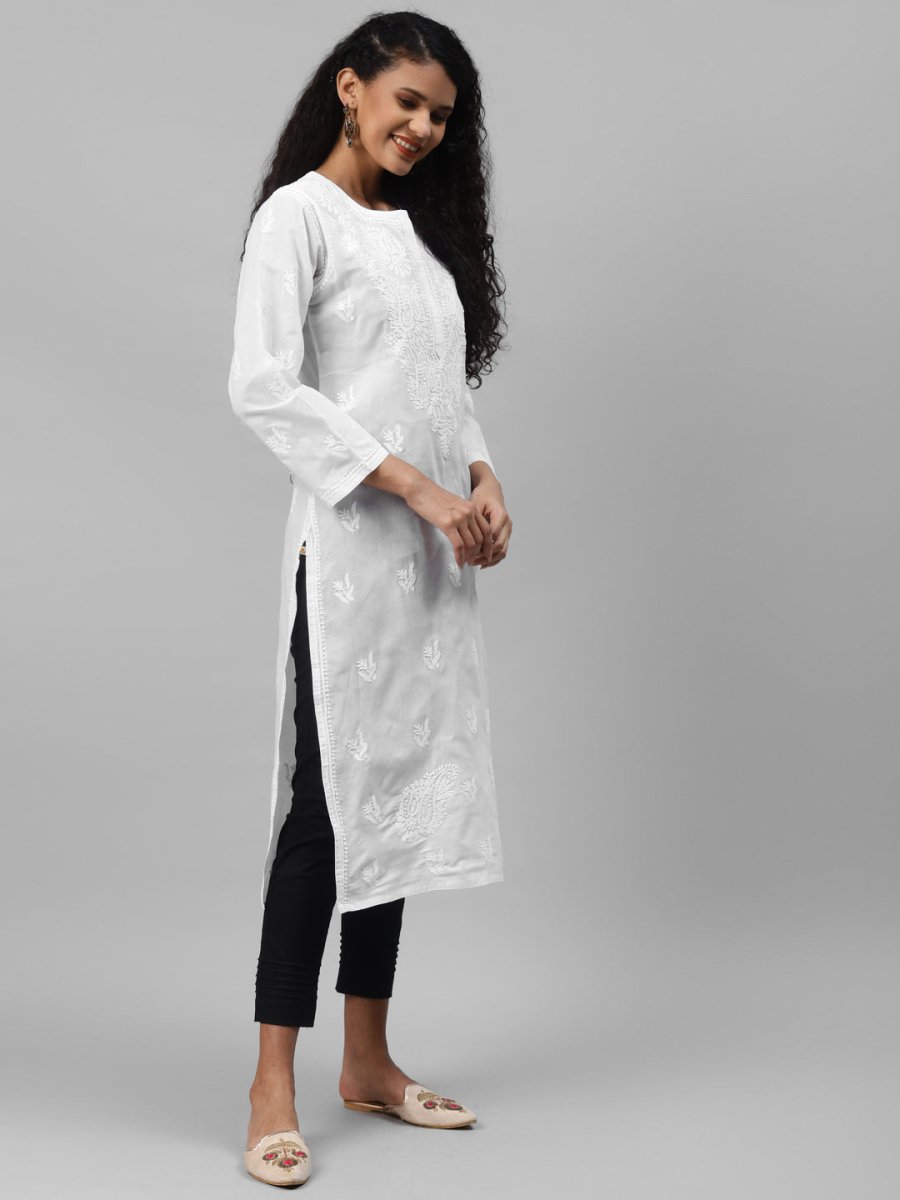 ADA Women White & Black Paisley Embroidered Chikankari Handloom Kurta with Trousers | Swadesiicart