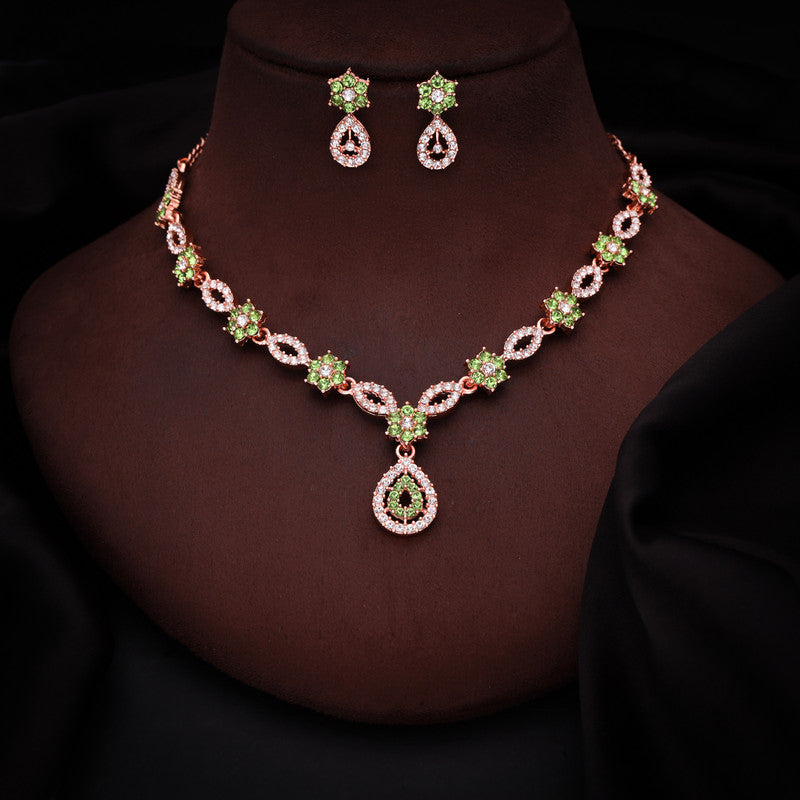 Tehzeeb Creations Elegant Sea Green Polished American Diamond (Ad) Studded Necklace And Earring Set For Women - Swadesiicart
