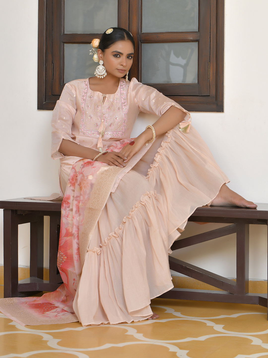 Vaasva Women's Apricot Chanderi Sharara Set | Swadesiicart