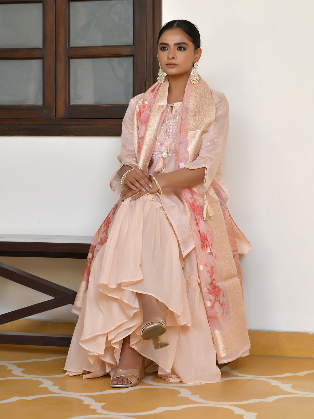 Vaasva Women's Apricot Chanderi Sharara Set | Swadesiicart