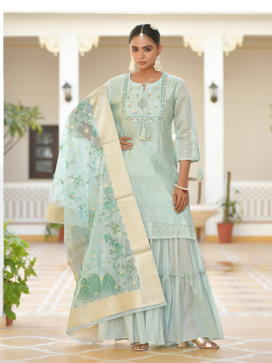 Vaasva Women's Aqua Marine Chanderi Sharara Set | Swadesiicart