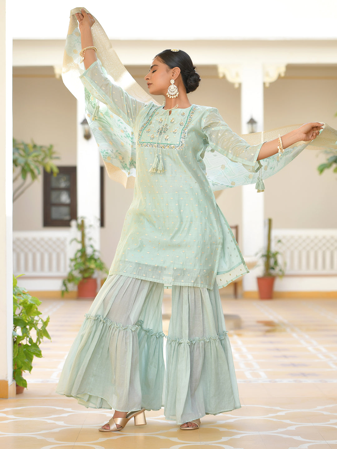 Vaasva Women's Aqua Marine Chanderi Sharara Set | Swadesiicart
