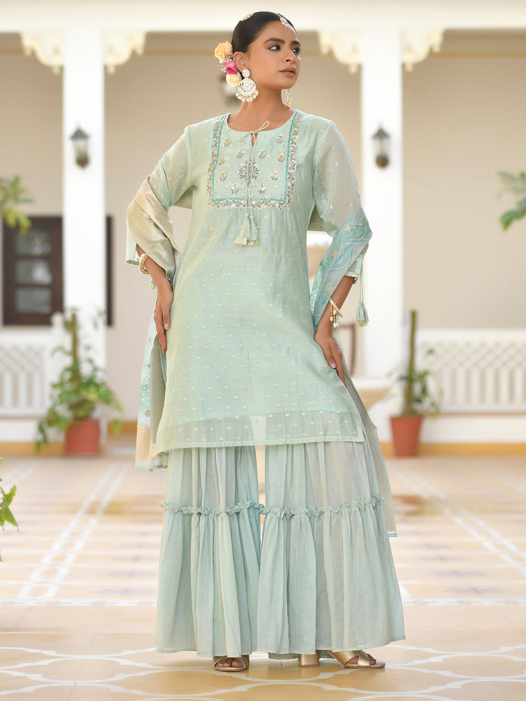 Vaasva Women's Aqua Marine Chanderi Sharara Set | Swadesiicart