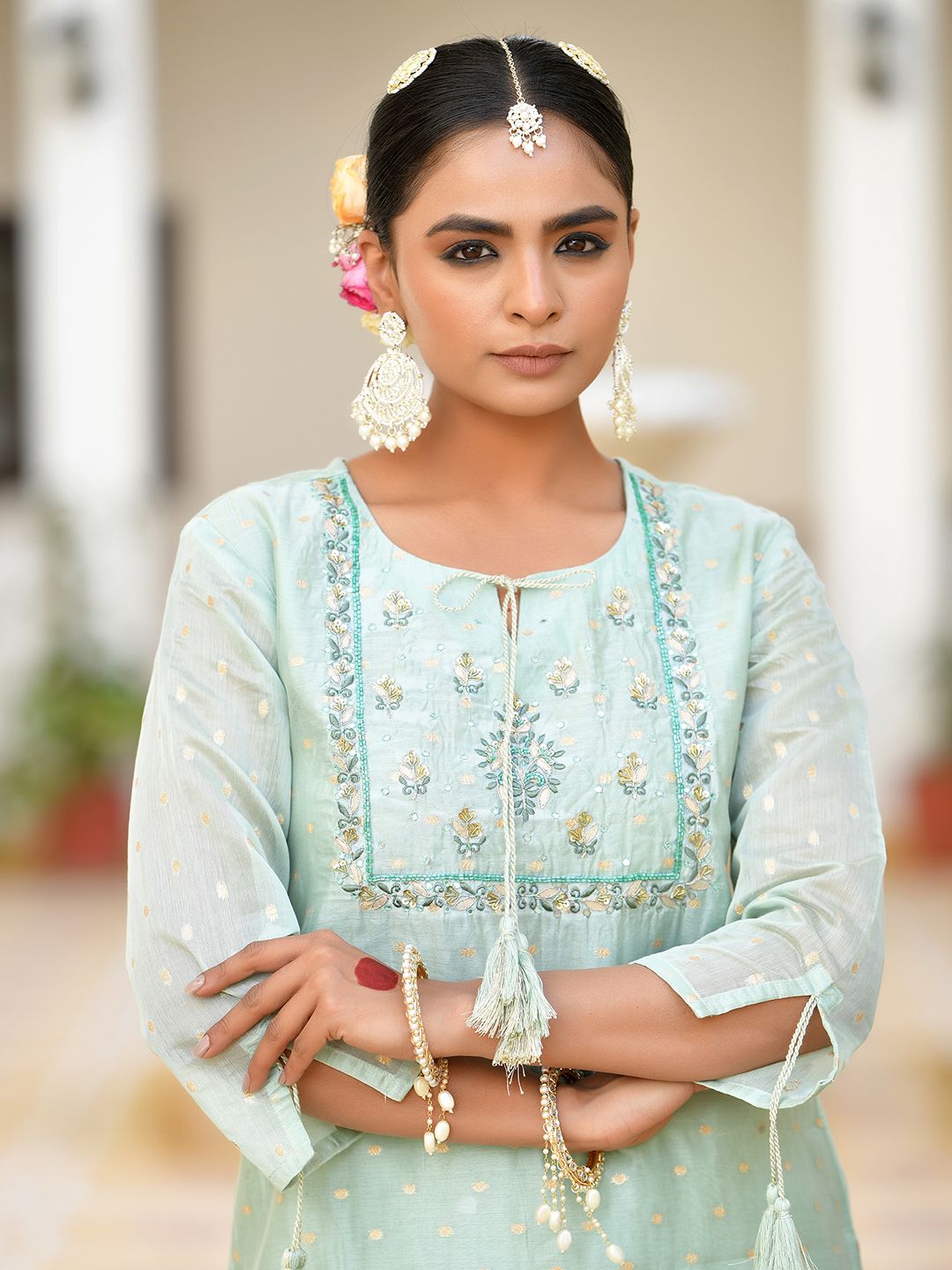 Vaasva Women's Aqua Marine Chanderi Sharara Set | Swadesiicart