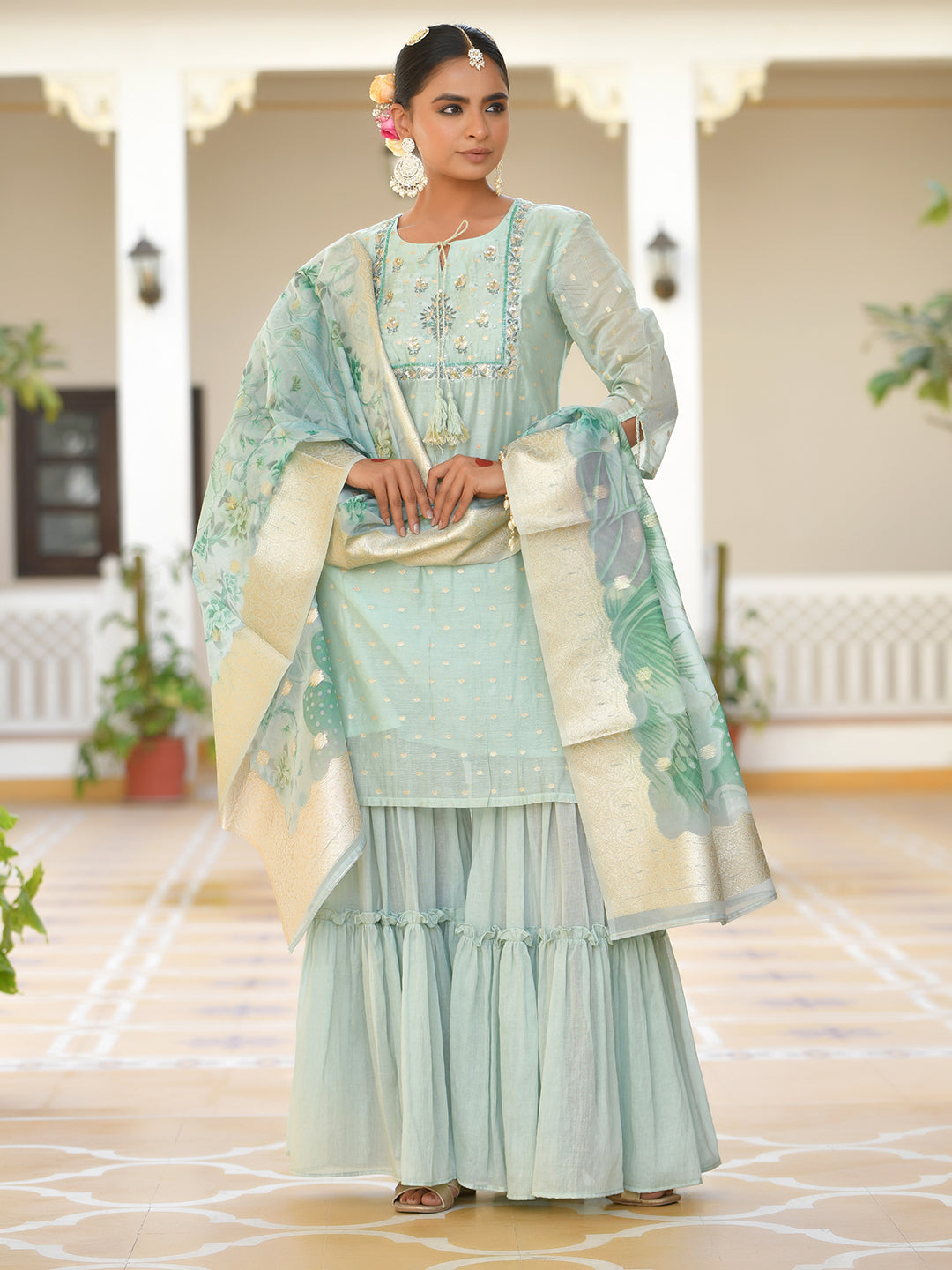 Vaasva Women's Aqua Marine Chanderi Sharara Set | Swadesiicart