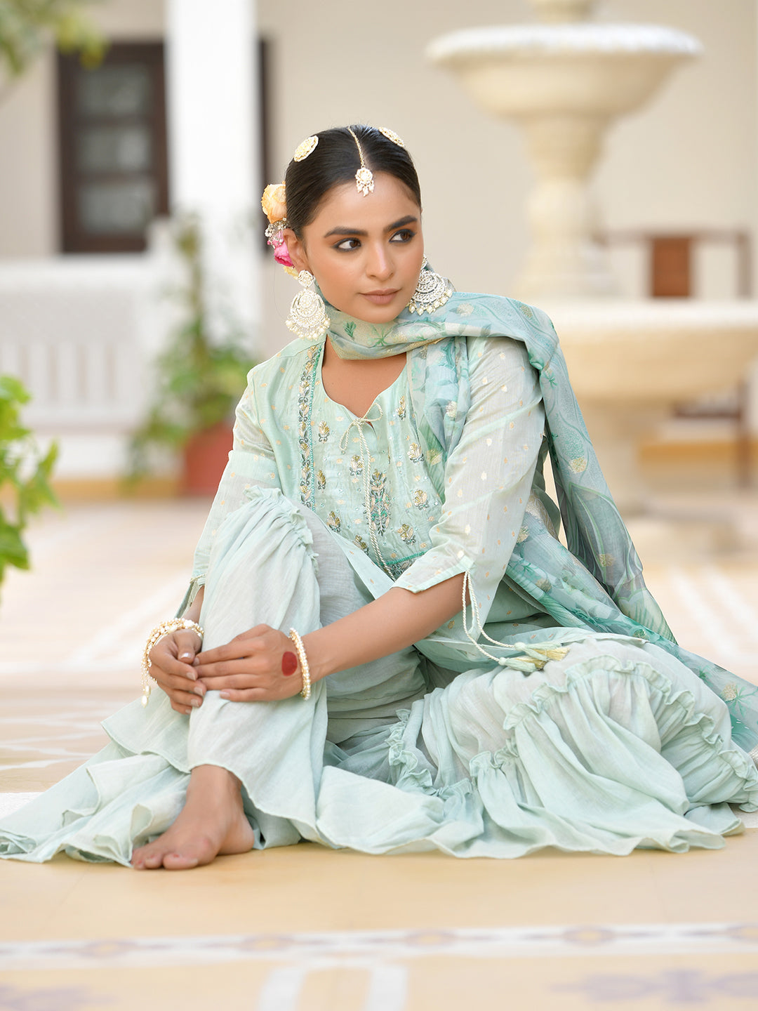 Vaasva Women's Aqua Marine Chanderi Sharara Set | Swadesiicart