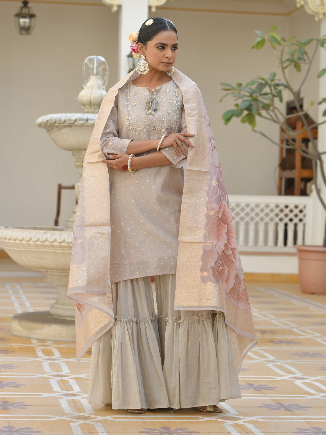 Vaasva Women's Khakhee Chanderi Sharara Set | Swadesiicart