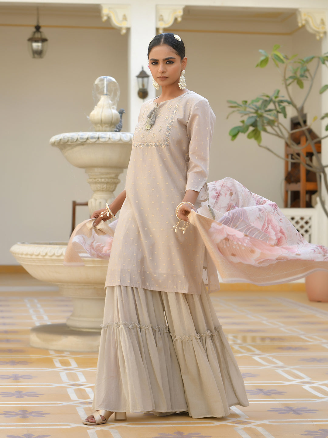 Vaasva Women's Khakhee Chanderi Sharara Set | Swadesiicart