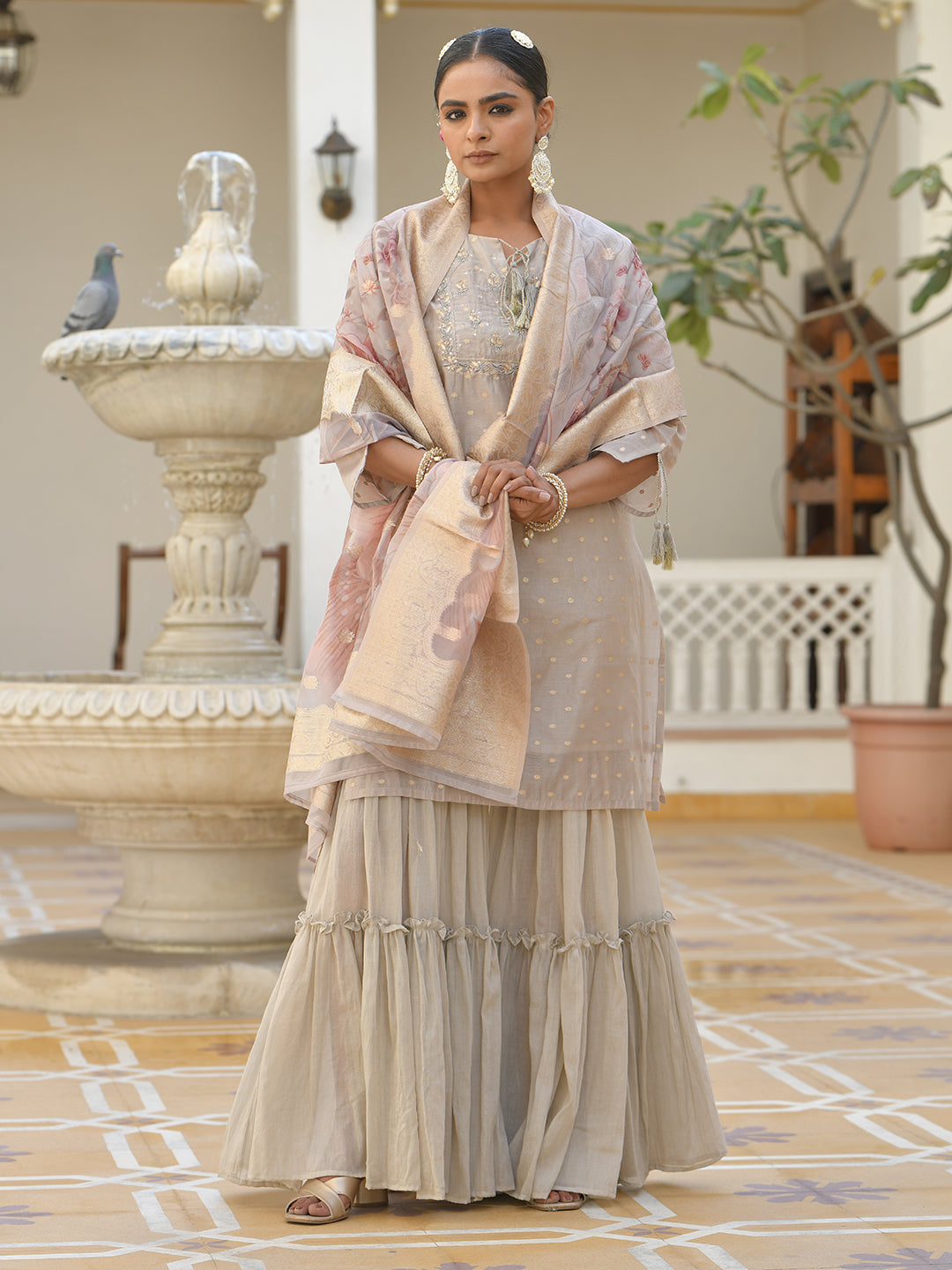 Vaasva Women's Khakhee Chanderi Sharara Set | Swadesiicart