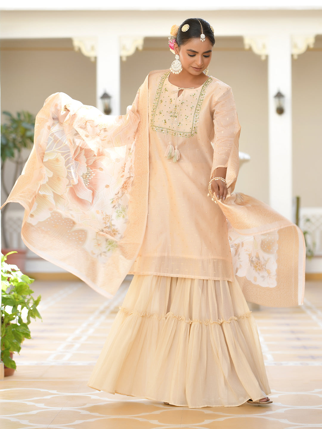 Vaasva Women's Peach Chanderi Sharara Set | Swadesiicart