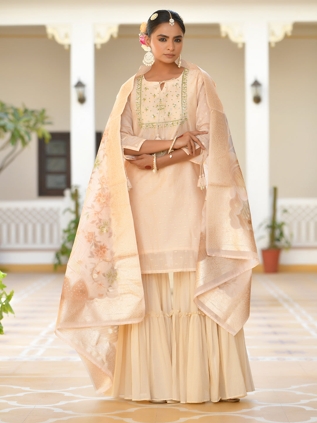 Vaasva Women's Peach Chanderi Sharara Set | Swadesiicart