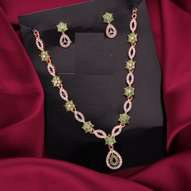 Tehzeeb Creations Elegant Sea Green Polished American Diamond (Ad) Studded Necklace And Earring Set For Women - Swadesiicart