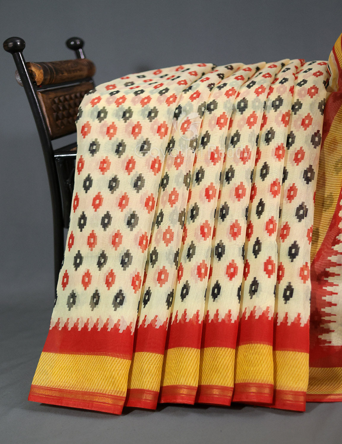 Shades of Cream And Red Colour Blouse Patola Print Semi Chanderi Saree By Gayathri Reddy Designer Studio | Swadesiicart