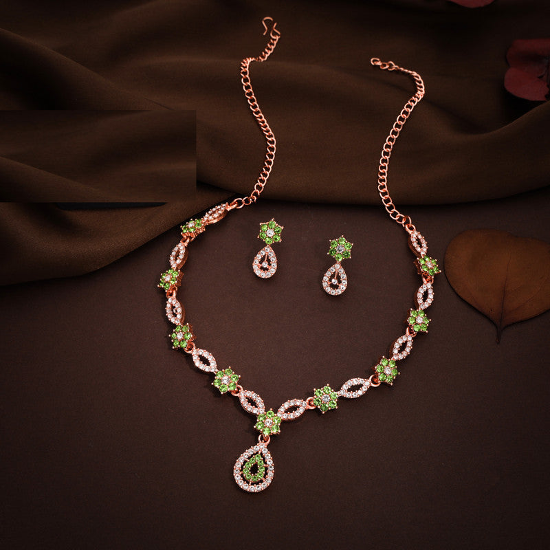 Tehzeeb Creations Elegant Sea Green Polished American Diamond (Ad) Studded Necklace And Earring Set For Women - Swadesiicart