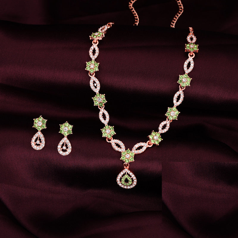Tehzeeb Creations Elegant Sea Green Polished American Diamond (Ad) Studded Necklace And Earring Set For Women - Swadesiicart