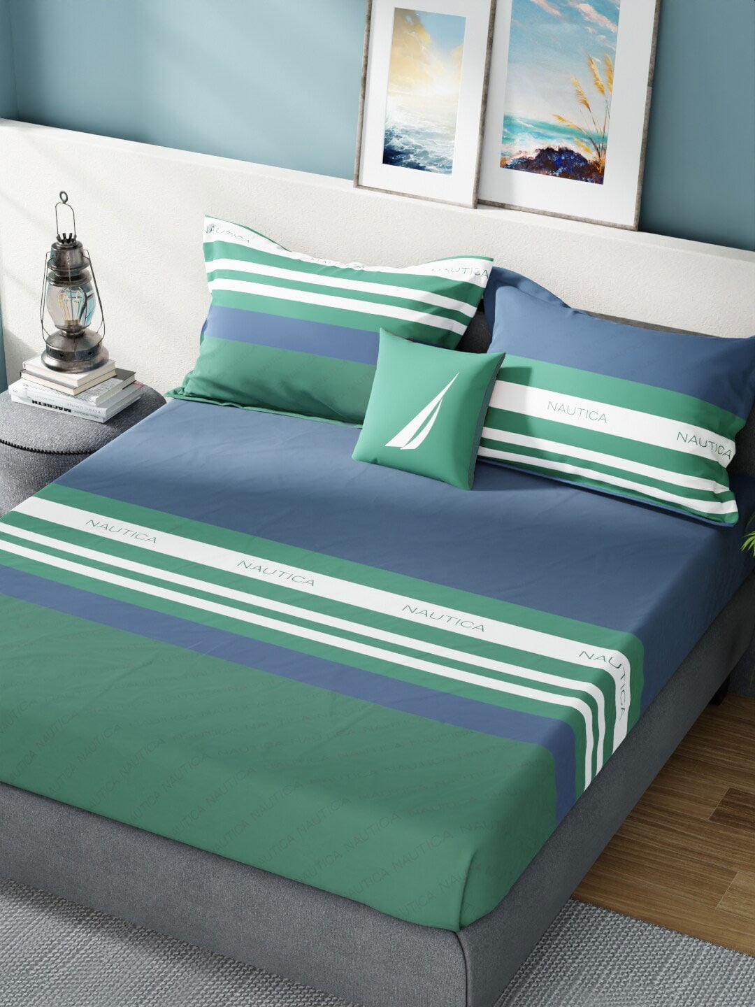 Nautica Bradford Blue & Green Striped 160 TC Pure Cotton King Bedsheet & 2 Pillow Covers - Swadesiicart