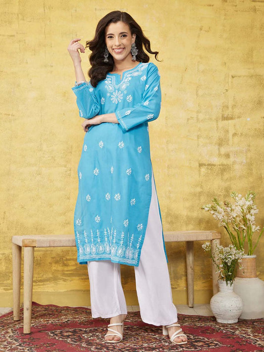 ADA Ethnic Motifs Embroidered Lucknowi Chikankari Kurta | Swadesiicart