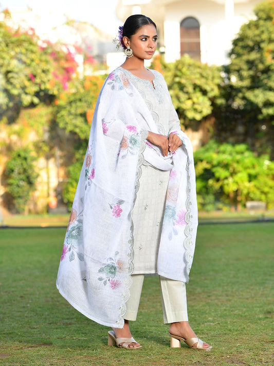 Vaasva Women's Grey Green Linen Suit Set With Cutwork Dupatta | Swadesiicart