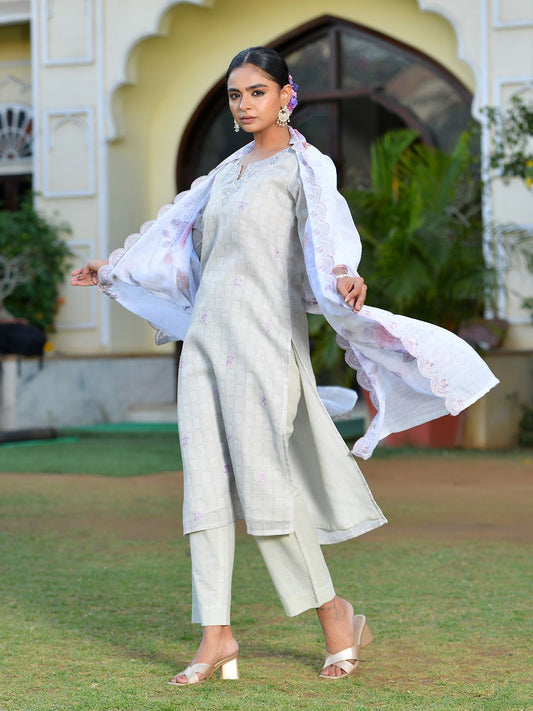 Vaasva Women's Grey Purple Linen Suit Set With Cutwork Dupatta | Swadesiicart