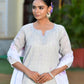 Vaasva Women's Grey Purple Linen Suit Set With Cutwork Dupatta | Swadesiicart