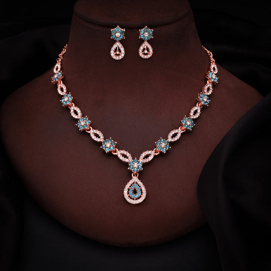 Tehzeeb Creations Elegant Sky Blue Polished American Diamond (Ad) Studded Necklace And Earring Set For Women - Swadesiicart