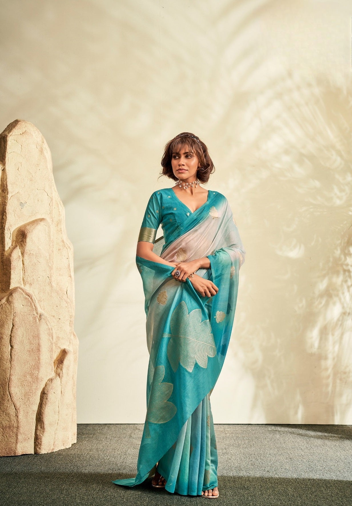 Anaita Sky Blue Printed Handloom Khadi Silk Silk Saree With Blouse
