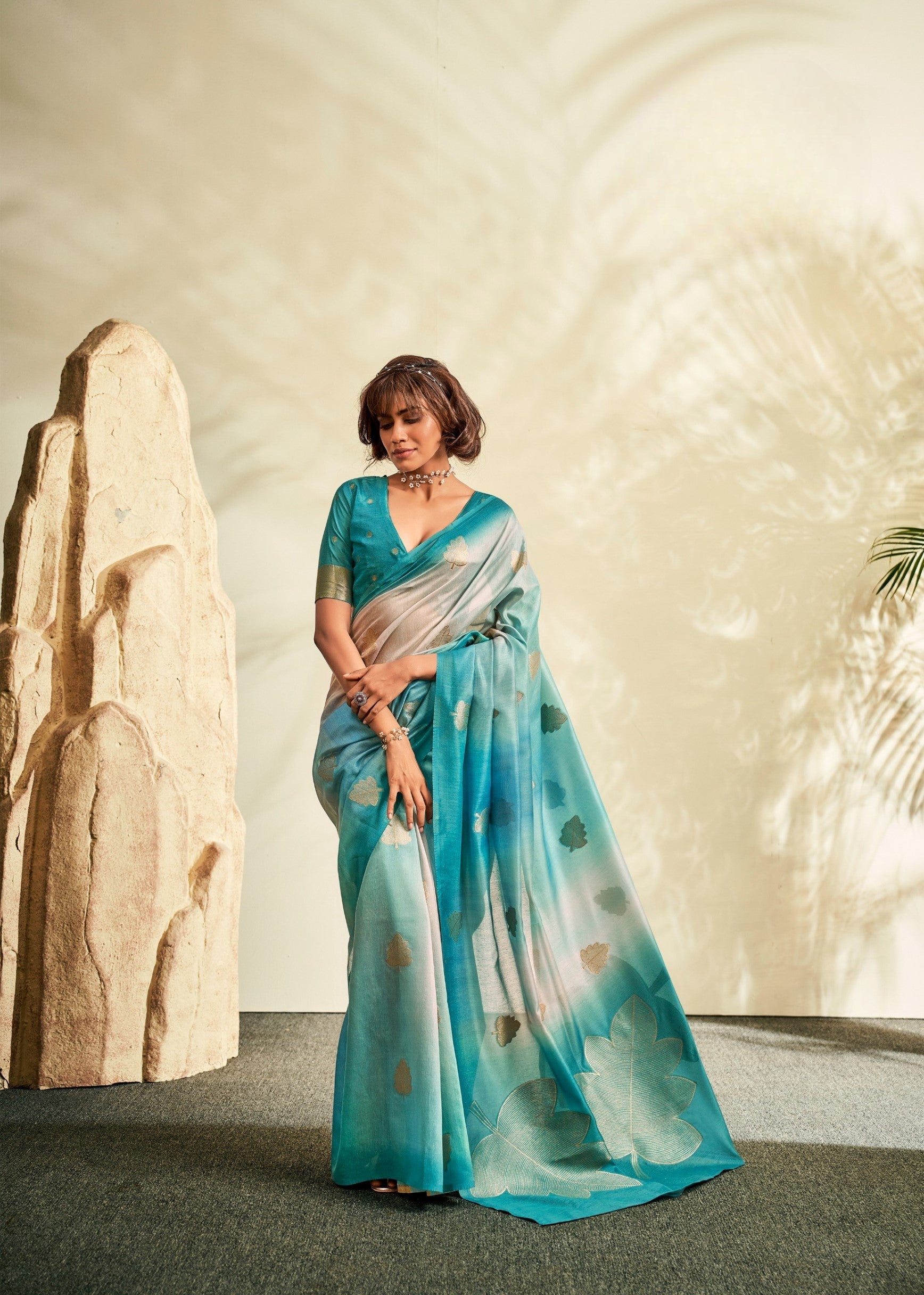 Anaita Sky Blue Printed Handloom Khadi Silk Silk Saree With Blouse