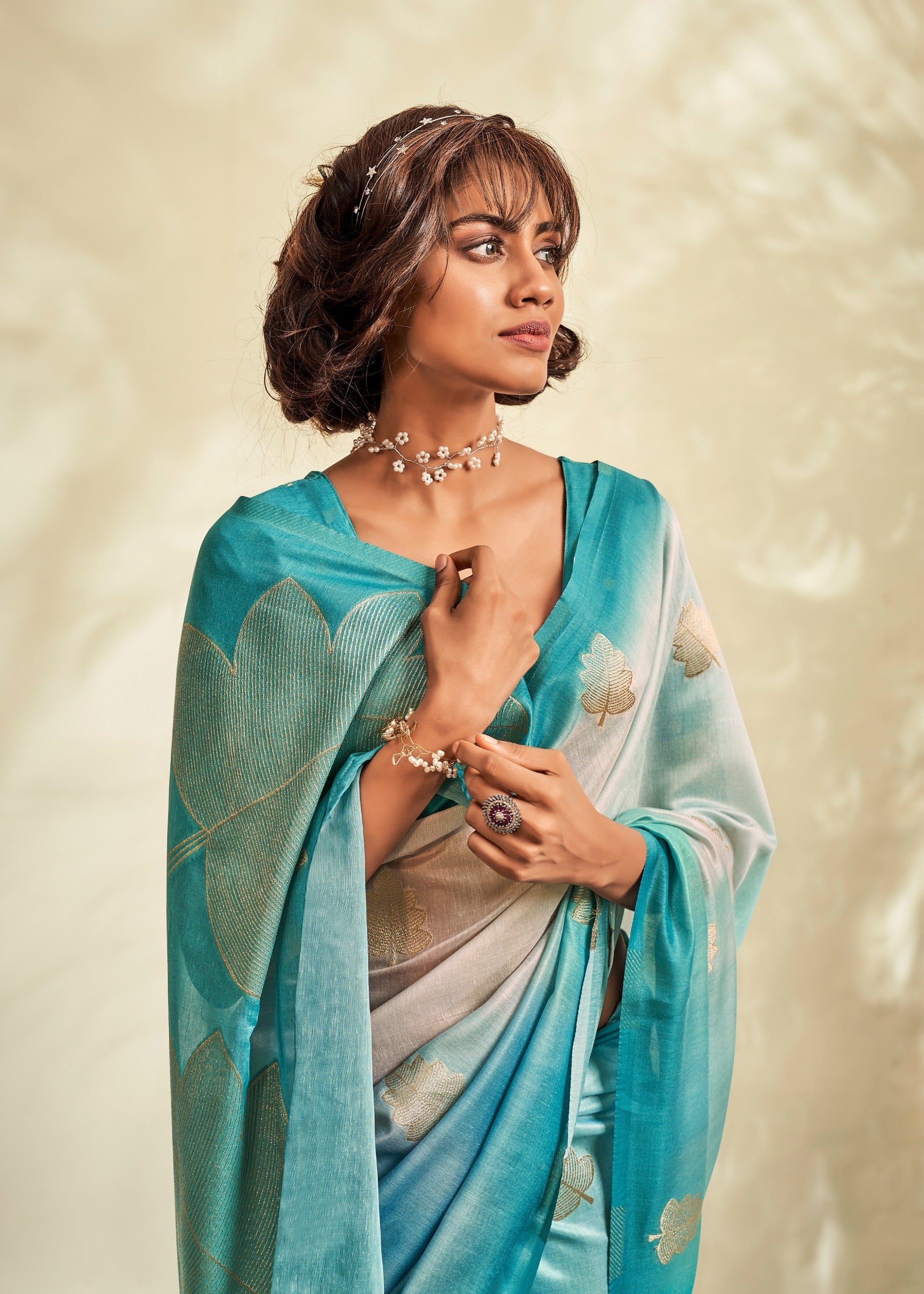 Anaita Sky Blue Printed Handloom Khadi Silk Silk Saree With Blouse