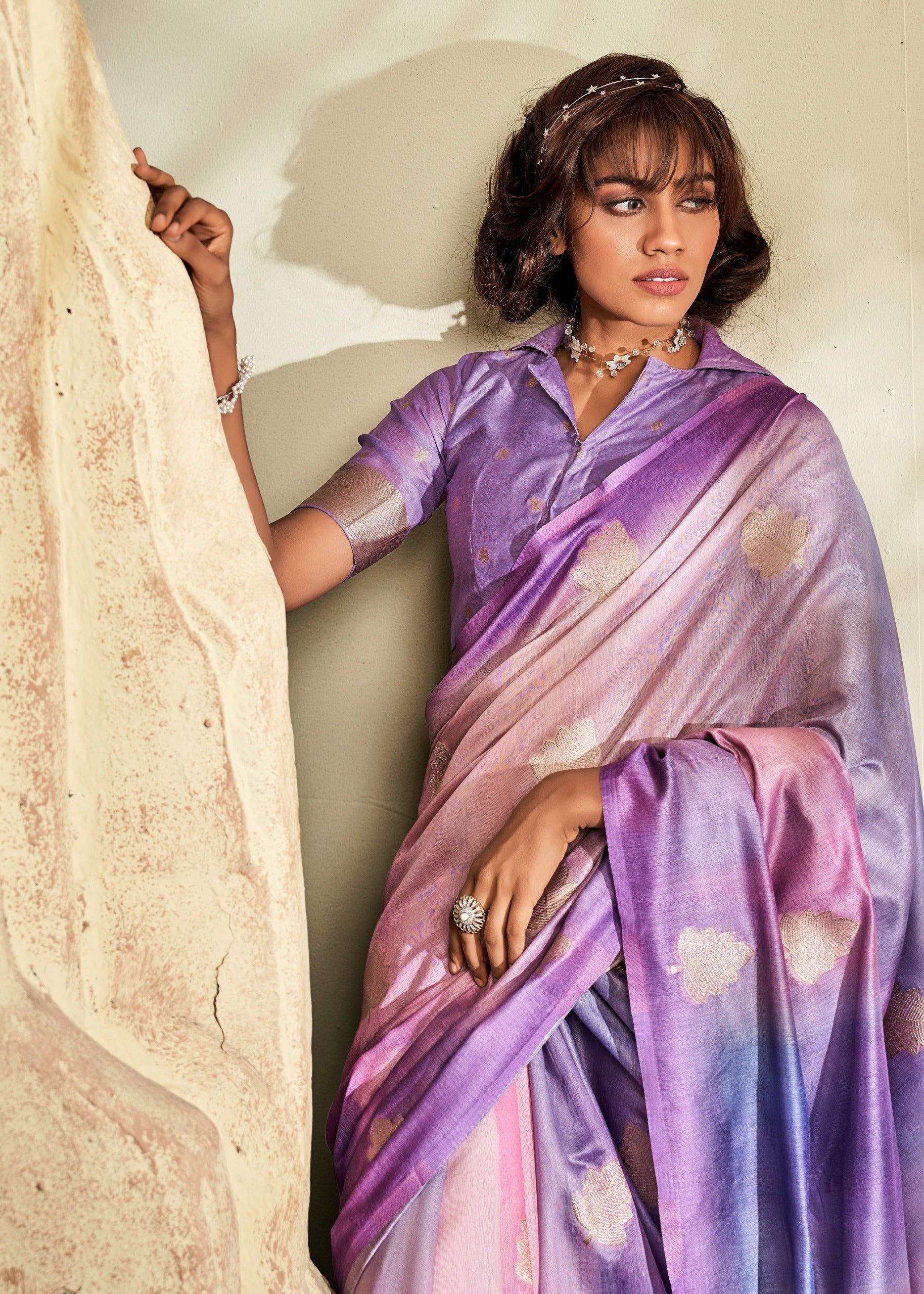 Anaita Lavender Printed Handloom Khadi Silk Silk Saree With Blouse