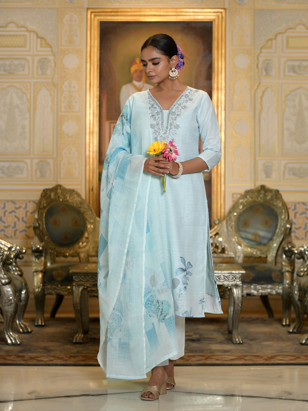 Vaasva Women's Blue Linen Suit Set With Printed Dupatta | Swadesiicart
