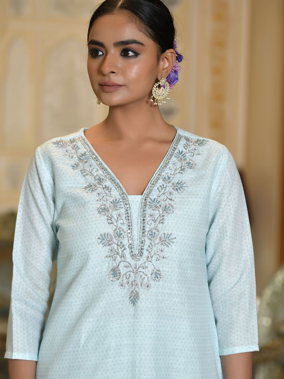 Vaasva Women's Blue Linen Suit Set With Printed Dupatta | Swadesiicart