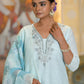 Vaasva Women's Blue Linen Suit Set With Printed Dupatta | Swadesiicart