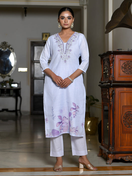 Vaasva Women's Lilac Linen Suit Set With Printed Dupatta | Swadesiicart