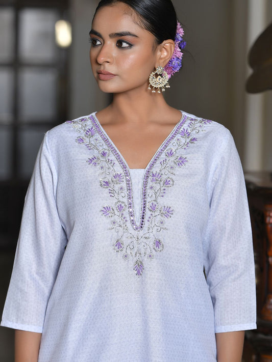 Vaasva Women's Lilac Linen Suit Set With Printed Dupatta | Swadesiicart
