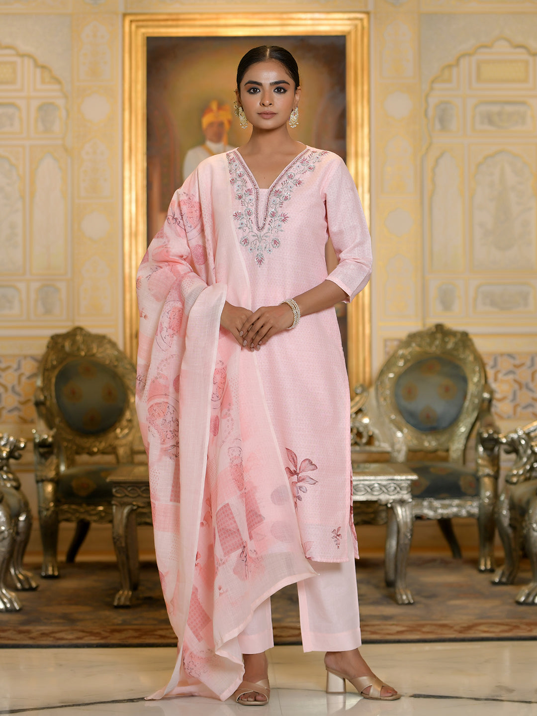 Vaasva Women's Pink Linen Suit Set With Printed Dupatta | Swadesiicart