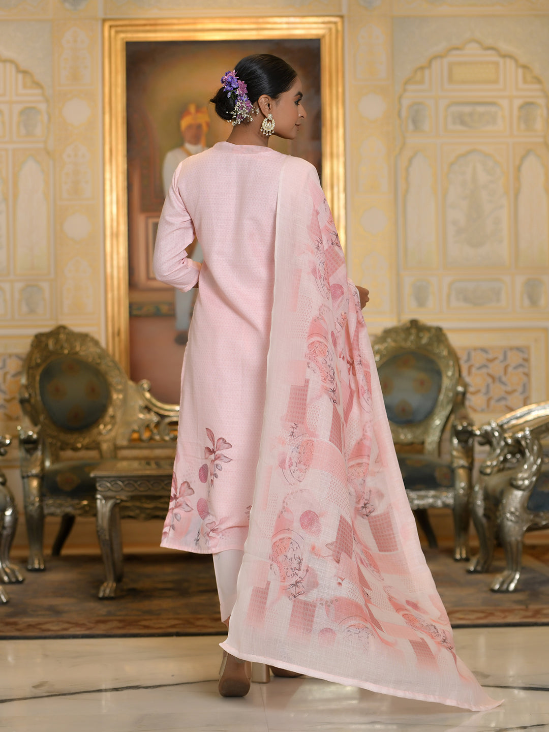 Vaasva Women's Pink Linen Suit Set With Printed Dupatta | Swadesiicart