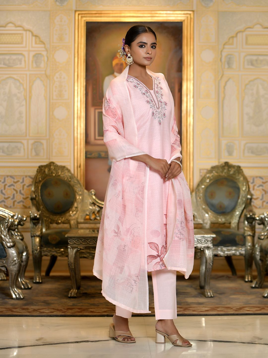 Vaasva Women's Pink Linen Suit Set With Printed Dupatta | Swadesiicart
