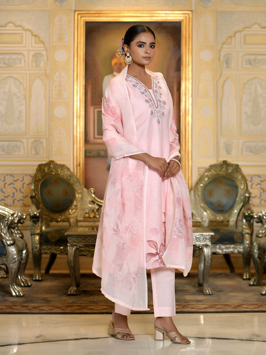 Vaasva Women's Pink Linen Suit Set With Printed Dupatta | Swadesiicart