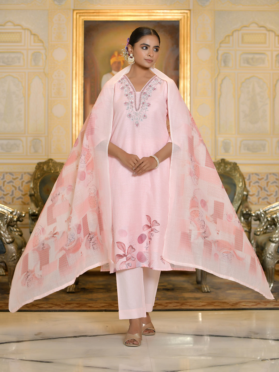 Vaasva Women's Pink Linen Suit Set With Printed Dupatta | Swadesiicart
