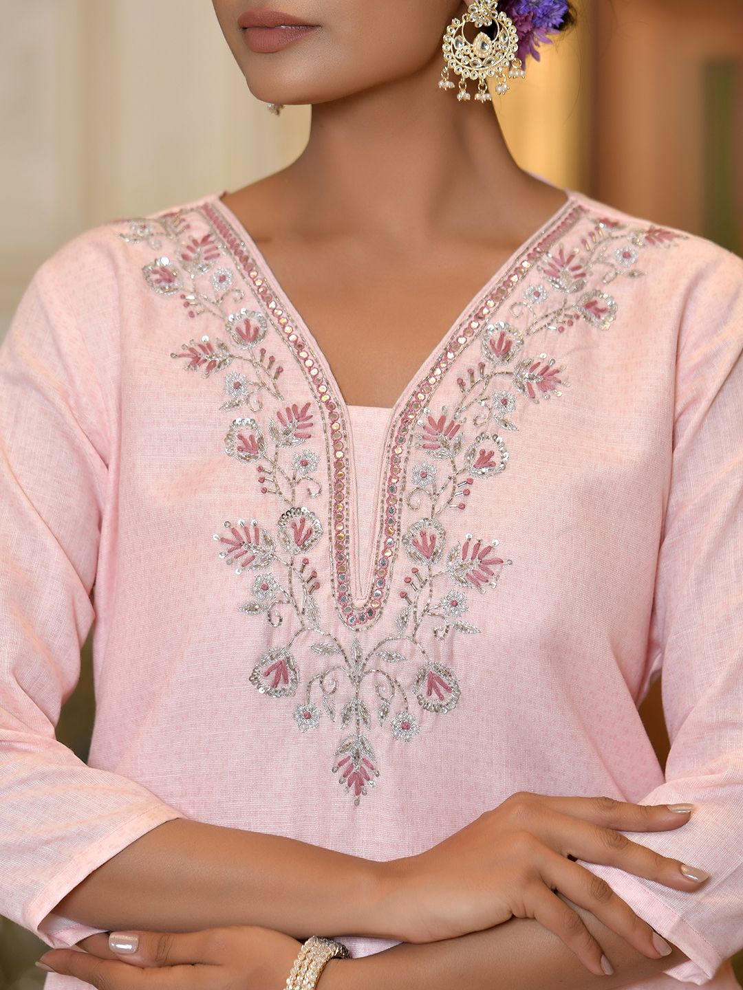 Vaasva Women's Pink Linen Suit Set With Printed Dupatta | Swadesiicart