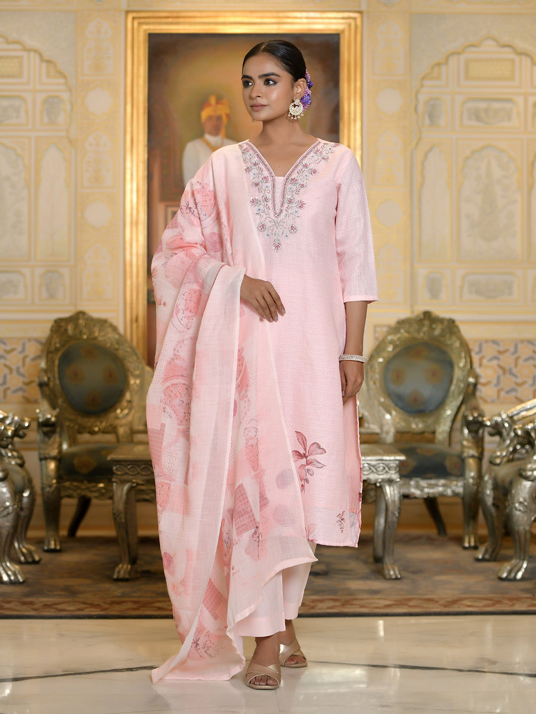 Vaasva Women's Pink Linen Suit Set With Printed Dupatta | Swadesiicart